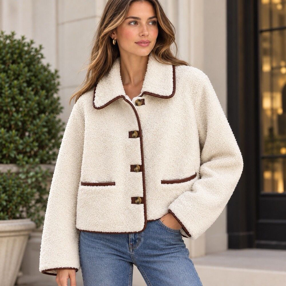 NWT Ralph Lauren Teddy Faux Fur Ranch Jacket M Cream Brown Western Equestrian